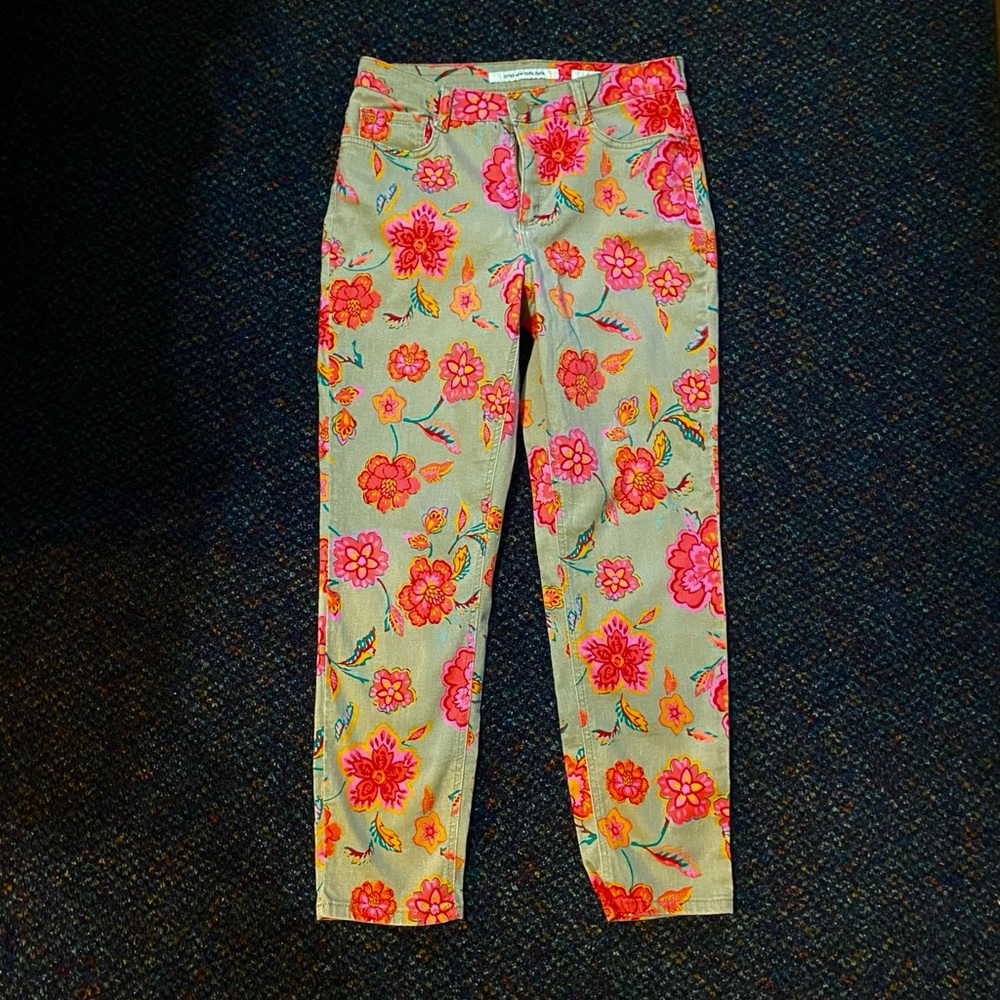 Jones New York Tan And Orange And Fuchsia Floral Soho Ankle Jeans Size 10